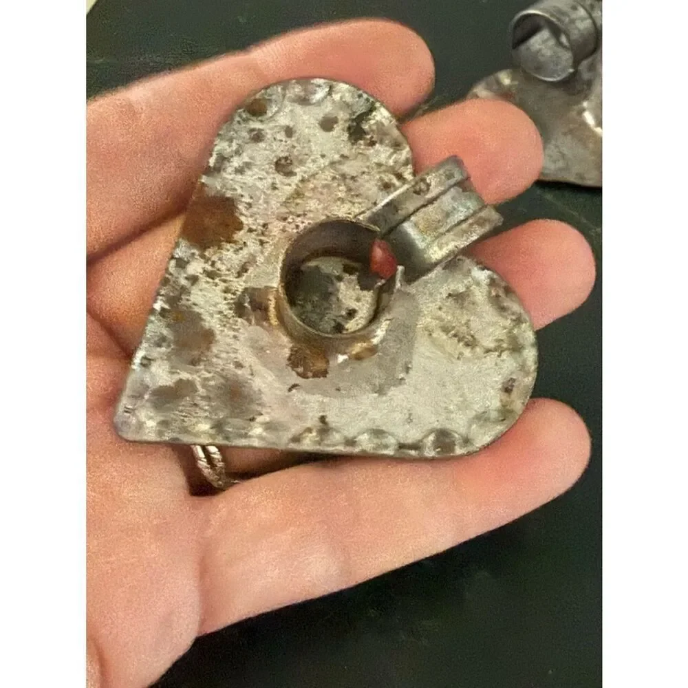Vintage 2 Mini Crimped Heart Candle Holder Tin Decor Chamberstick Primitive